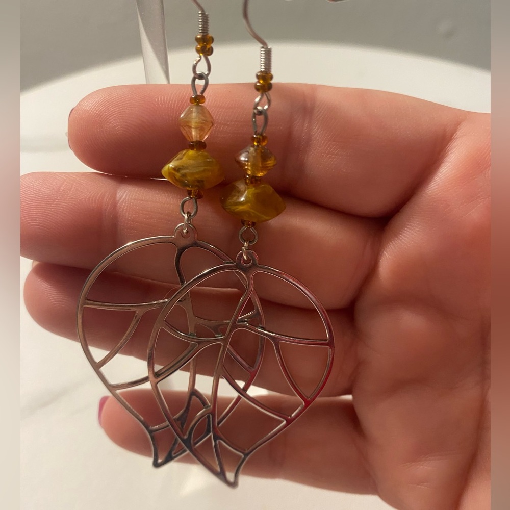 Amber and Glass Leaf Earrings - Picture 6 of 8
